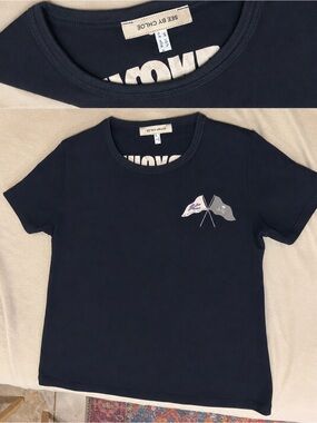See By Chloe Navy Short Sleeve Tee with Flag Motif